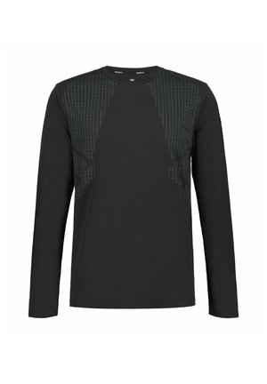 Schwarzes Langarmshirt mit Rundhalsausschnitt und strukturierten, gemusterten Einsätzen auf Brust und Schultern.