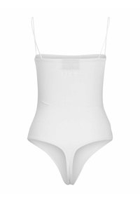 Bañador blanco de una sola pieza con tirantes delgados, un corsé ajustado, piernas de corte alto y una textura suave y elástica. Logotipo en la parte posterior.