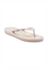 Blomster-mønstret flip-flop med en pastelfarvet lyserød fodseng, hvide gummistropper og en skinnende hjerteformet detalje nær stropperne.