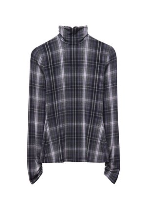 Long-sleeve turtleneck top made of soft fabric featuring a black and white plaid pattern with subtle purple accents. Fitted silhouette, curved hem.