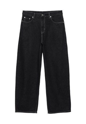 Jeans denim neri a gamba larga con tasche frontali, passanti per cintura e chiusura con bottone.