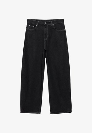 Jeans denim neri a gamba larga con tasche frontali, passanti per cintura e chiusura con bottone.