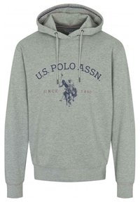 Sweat-shirt gris à capuche en tissu doux avec un logo avant représentant un joueur de polo. Des cordons de serrage et des poignets côtelés complètent le design.