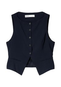 Tmavě modrá vesta bez rukávů s hlubokým výstřihem do V, pěti černými knoflíky vepředu a dvěma předními kapsami; hladká látka s propracovaným střihem.