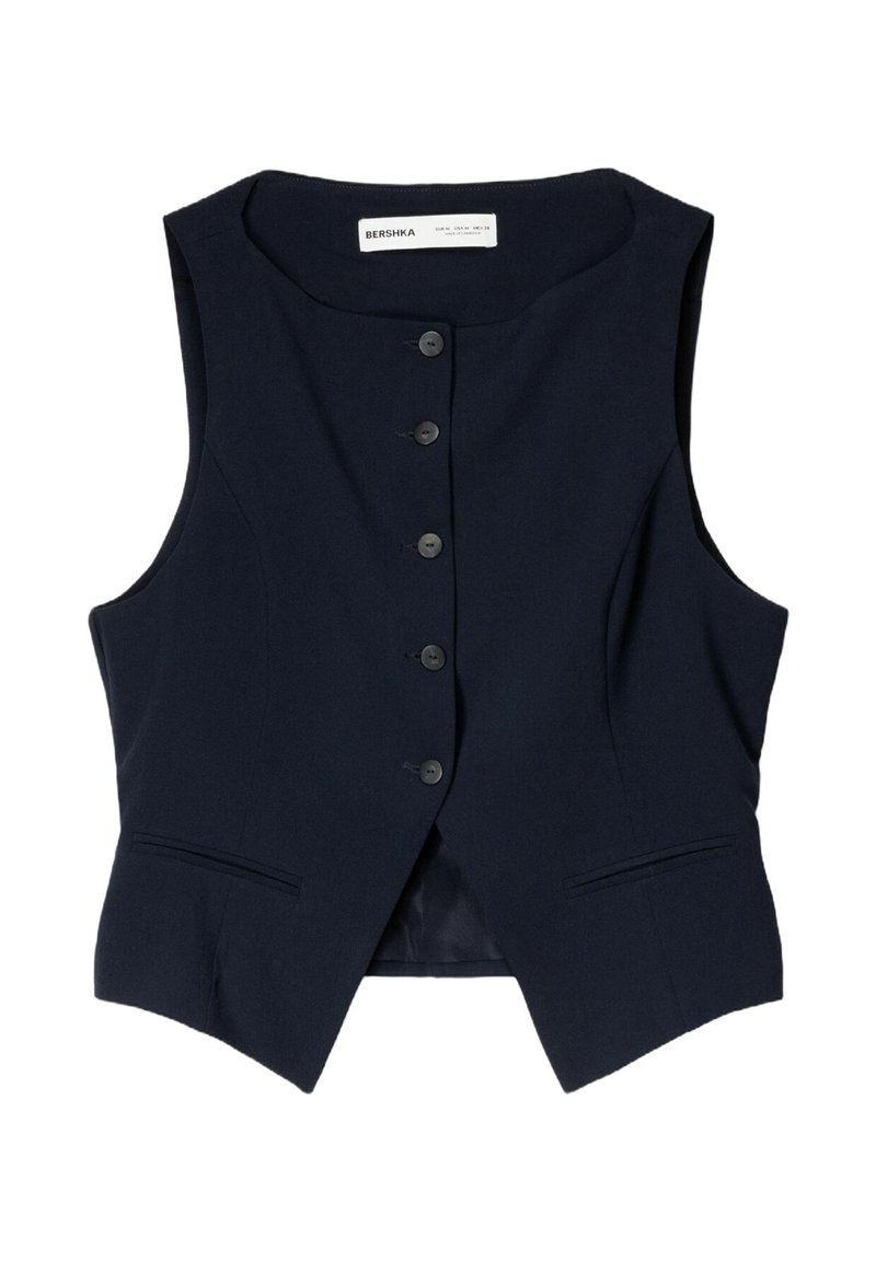 Tmavě modrá vesta bez rukávů s hlubokým výstřihem do V, pěti černými knoflíky vepředu a dvěma předními kapsami; hladká látka s propracovaným střihem.