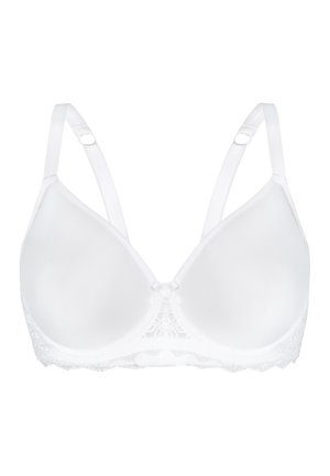 White bra with molded cups, adjustable straps, lace trim along the bottom, smooth texture, and a decorative bow at the center front.