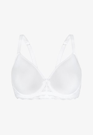 Weißer BH mit geformten Cups, verstellbaren Trägern, Spitzenbesatz entlang des unteren Randes, glatter Textur und einer dekorativen Schleife in der Mitte vorne.
