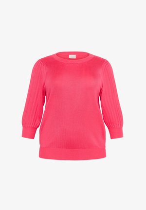 Różowy sweter z okrągłym dekoltem, z bufiastymi rękawami i prostym dołem. Miękka tekstura o gładkim wykończeniu.