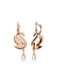 Ohrringe aus Roségold in Form von Schwänen, mit einer polierten Oberfläche, hängenden Tropfenakzenten und aufwendigen Verzierungen entlang der Flügel.