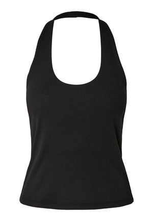 Top noir côtelé sans manches style halter avec encolure arrondie et taille ajustée.