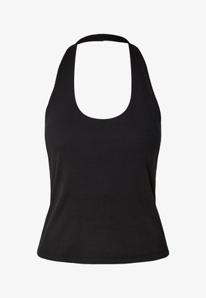 Top noir côtelé sans manches style halter avec encolure arrondie et taille ajustée.