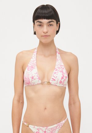 Pink patterned bikini set featuring a halter top with gold hardware, made from smooth fabric with sea-themed designs.