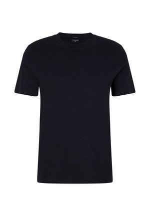 Zwarte katoenen T-shirt met een ronde hals en korte mouwen. Gladde textuur, eenvoudig ontwerp, naadloze voorkant en geen zichtbare patronen.