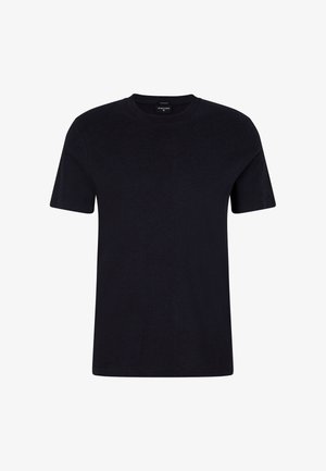 Zwarte katoenen T-shirt met een ronde hals en korte mouwen. Gladde textuur, eenvoudig ontwerp, naadloze voorkant en geen zichtbare patronen.