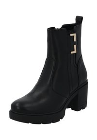 Czarne skórzane botki do kostki z masywnym obcasem, bieżnikiem, zamkiem błyskawicznym po boku oraz dekoracyjną złotą klamrą po zewnętrznej stronie.