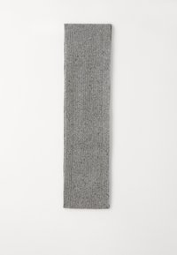 Grå rutig halsduk av mjukt textil, avlång rektangulär form, med en subtil textur med ljusa prickar genom hela.