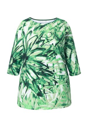 Zelený top s potiskem, kulatým výstřihem a tříčtvrtečními rukávy. Má botanický motiv v různých odstínech zelené s černými akcenty.