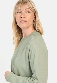 Lichtgroene sweatshirt met lange mouwen, een geribbelde ronde halslijn en een zachte textuur. Beschikt over raglanmouwen en minimale stikseldetails.