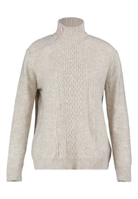 Beige Strickpullover mit hohem Kragen, gerippten Bündchen und einem strukturierten Zopfmuster auf der Vorderseite. Weiches und warmes Material.