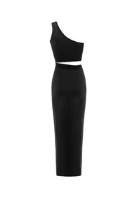 Zwarte tweedelige jurk met een top met één schouder en een aansluitende lange rok met een kledingstuk bij de taille. Gladde, stretchy stof.