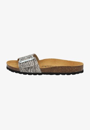 Open-toe slide sandal with tan cork sole, black textured outsole, and zebra-striped adjustable strap with silver buckle.