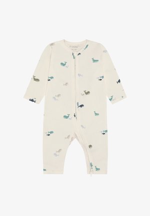 Weißer Baby-Strampler mit langen Ärmeln, Reißverschluss vorne und kleinen Wal-Mustern in Blau, Grün und Grau, die über den Stoff verteilt sind.