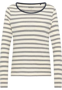 Langärmeliges Top in Creme mit navyblauen horizontalen Streifen, mit rundem Ausschnitt und weichem Baumwollstoff. Einfaches und vielseitiges Design.