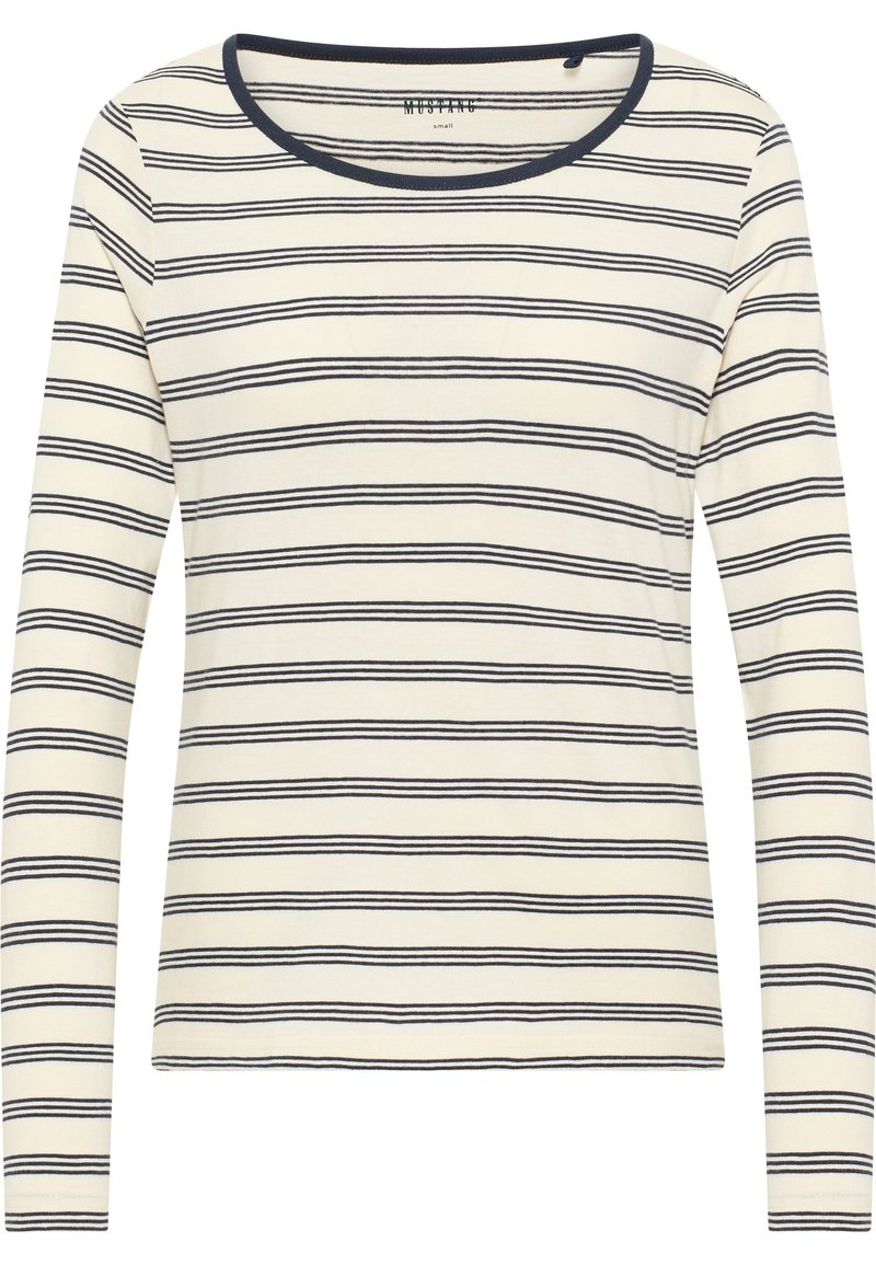 Langärmeliges Top in Creme mit navyblauen horizontalen Streifen, mit rundem Ausschnitt und weichem Baumwollstoff. Einfaches und vielseitiges Design.