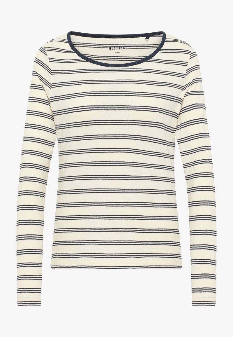 Langärmeliges Top in Creme mit navyblauen horizontalen Streifen, mit rundem Ausschnitt und weichem Baumwollstoff. Einfaches und vielseitiges Design.