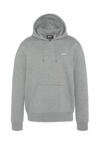 Szara bluza z kapturem wykonana z miękkiego materiału, z kieszenią z przodu, metalowymi sznureczkami i małym logo na piersi.