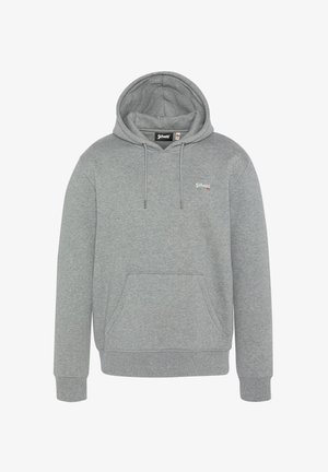 Grå hættetrøje lavet af blødt stof, med en frontlomme, metaltræk og et lille logo på brystet.