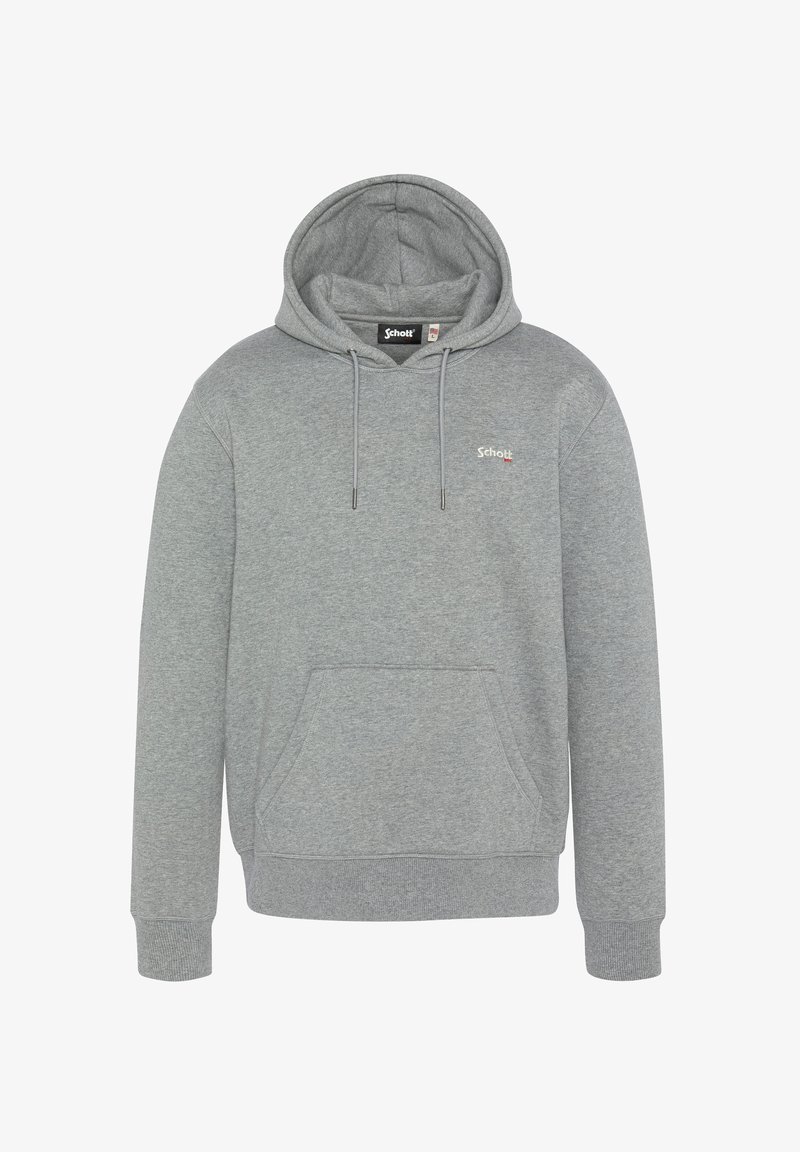 Felpa grigia con cappuccio realizzata in tessuto morbido, dotata di una tasca frontale, cordini in metallo e un piccolo logo sul petto.