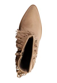 Bota de tobillo beige de ante con detalles de flecos a lo largo del lateral, punta puntiaguda y cierre con cremallera lateral.
