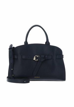 Sac à main en cuir bleu marine avec poignées supérieures, une bandoulière réglable et une ceinture avant avec une boucle dorée.
