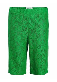 Zielone szorty z koronki o misternym kwiatowym wzorze, z elastycznym pasem i białymi paskami po bokach.