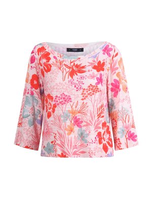 Floral-print top with a pink base, featuring red, blue, and orange flowers. Boat neckline, three-quarter sleeves, lightweight fabric.