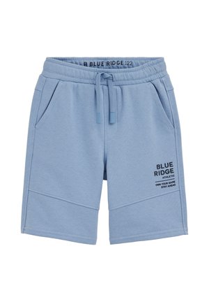 Jasnoniebieskie spodenki sportowe z elastycznym pasem, sznurkiem ściągającym, bocznymi kieszeniami oraz nadrukiem "BLUE RIDGE ATHLETIC" na prawej nogawce.