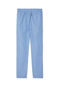 Pantalones de rayas azules y blancas hechos de material ligero, con una cintura elástica y cordón ajustable, y un diseño de pierna recta.