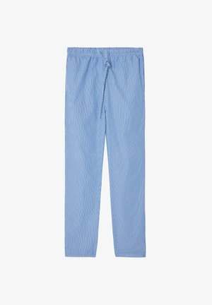 Kergedest helesinise ja valge triibuline püksid, mis on valmistatud kerge materjali, elastse vöökoha ja nööridega ning sirge jala disainiga.