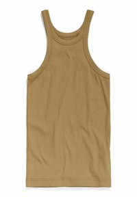 Top in maglia a coste di colore beige con scollatura rotonda e spalline larghe, caratterizzato da una texture morbida e orlo dritto.