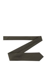 Ciemnooliwkowy krawat wykonany z teksturowanej tkaniny; posiada spiczasty koniec oraz minimalistyczny design, bez dodatkowych wzorów czy akcentów.