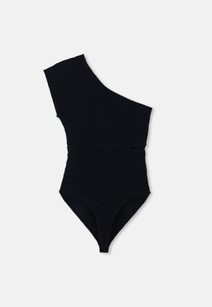 Black one-piece swimsuit with a one-shoulder design, textured ribbed fabric, high-cut legs, and a fitted silhouette.