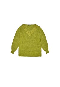 Pull vert en maille à manches longues avec un col en V orné d'une bordure en dentelle verte.
