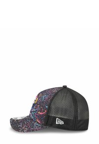 Black cap with colorful splatter pattern, curved brim, mesh back, and a logo on the front. Features a structured shape and snapback closure.