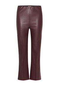 Pantaloni din piele burgundy cu o siluetă ajustată, textură netedă și cusături laterale care creează un design cu picior evazat. Talie elastică pentru confort.