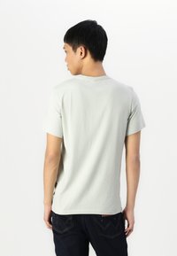 Lichtgroene katoenen T-shirt met korte mouwen, een ronde hals en een relaxte pasvorm. Draagt met donkerdenim jeans metaccentstiksels.