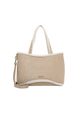 Beige handbag with a soft, fluffy white trim. Features smooth faux suede material, double handles, and an adjustable shoulder strap.