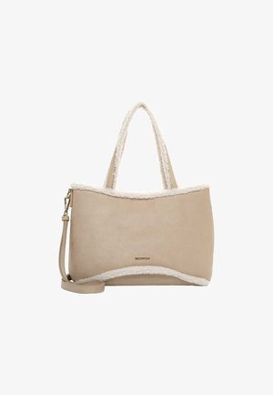 Sac à main beige avec une bordure douce et duveteuse blanche. Comprend un matériau en faux suède lisse, des poignées doubles et une bandoulière réglable.