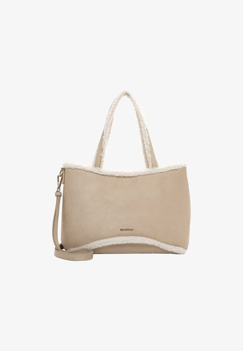 Beige handväska med mjuk, fluffig vit kant. Den har ett slätt material av konstläder, dubbla handtag och en justerbar axelrem.