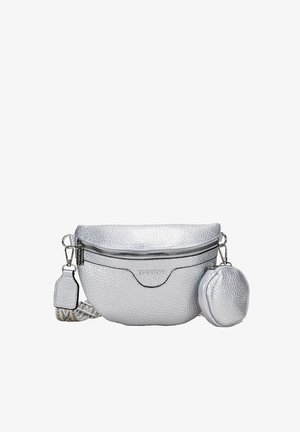 Bolso cruzado de textura plateada con un compartimento principal con cremallera y un pequeño bolsillo extraíble, que cuenta con una correa estampada y herrajes metálicos.